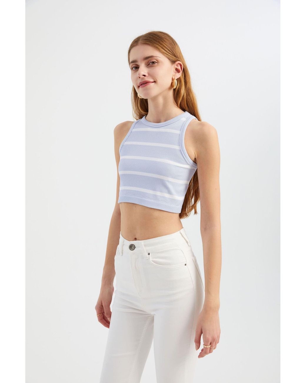 Hiccup White Striped Crew Neck Crop Top