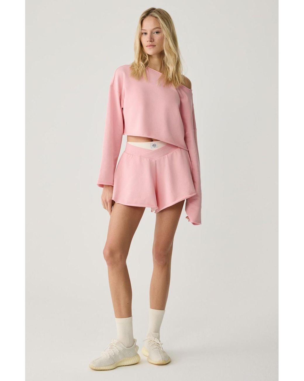 Grimelange Pink Crop Loose Crew Neck Sweatshirt