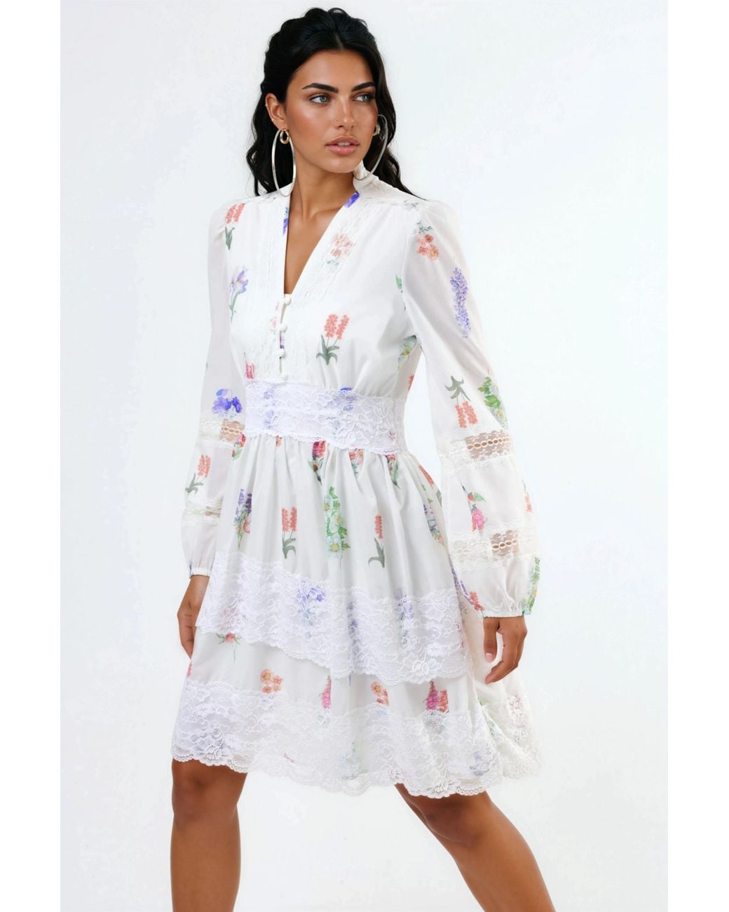 Msn-Collection White Floral Lace Mini Dress With V-Neck