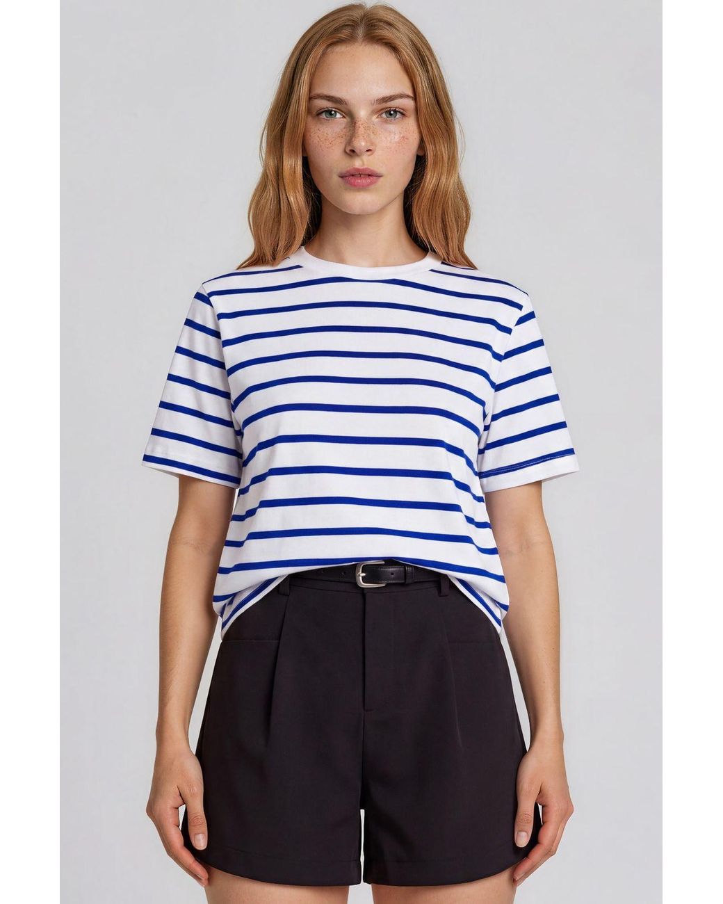 Busem Blue Striped Cotton Crew Neck T-Shirt