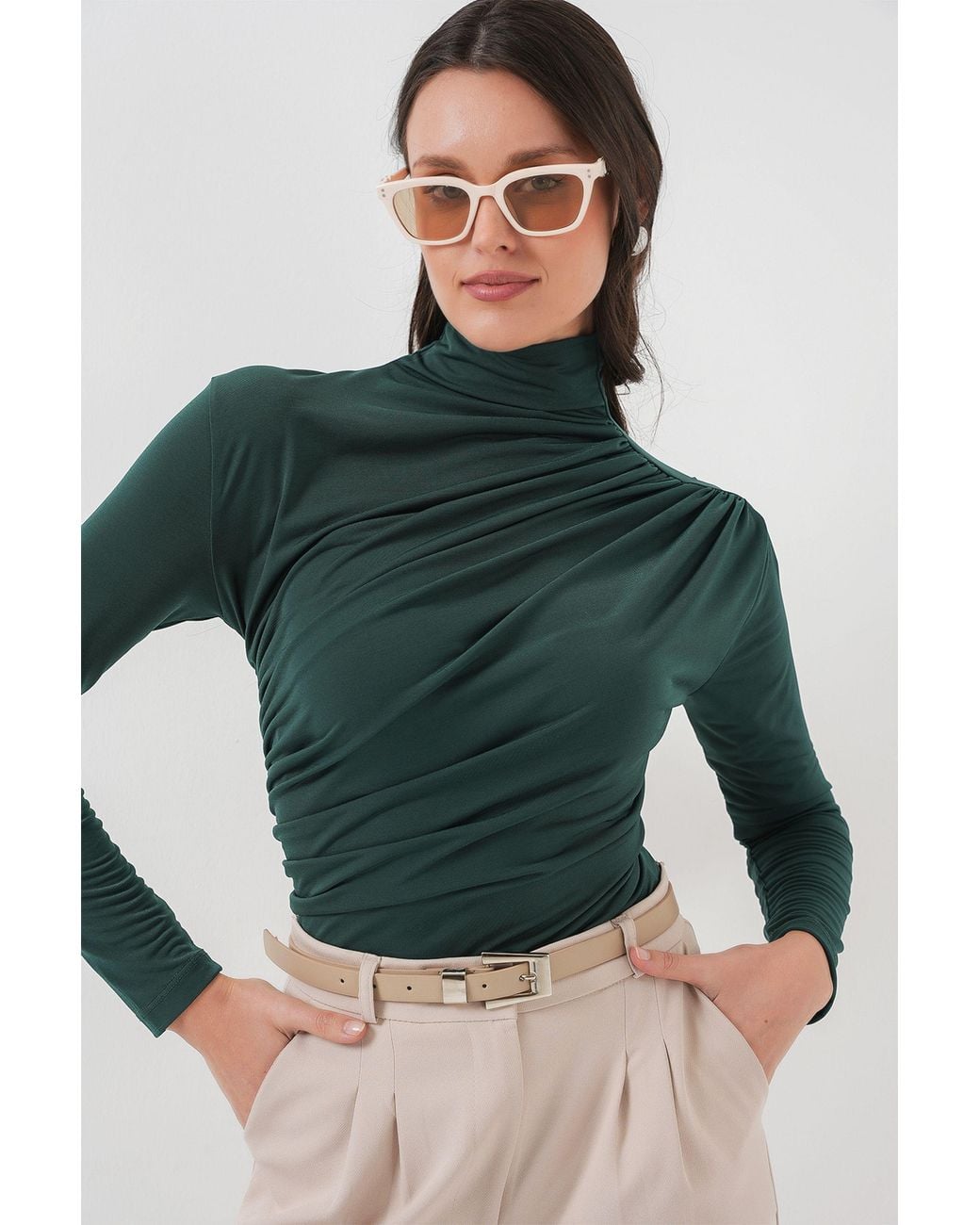 Bigdart Green Fitted Turtleneck Blouse With Drape Detail