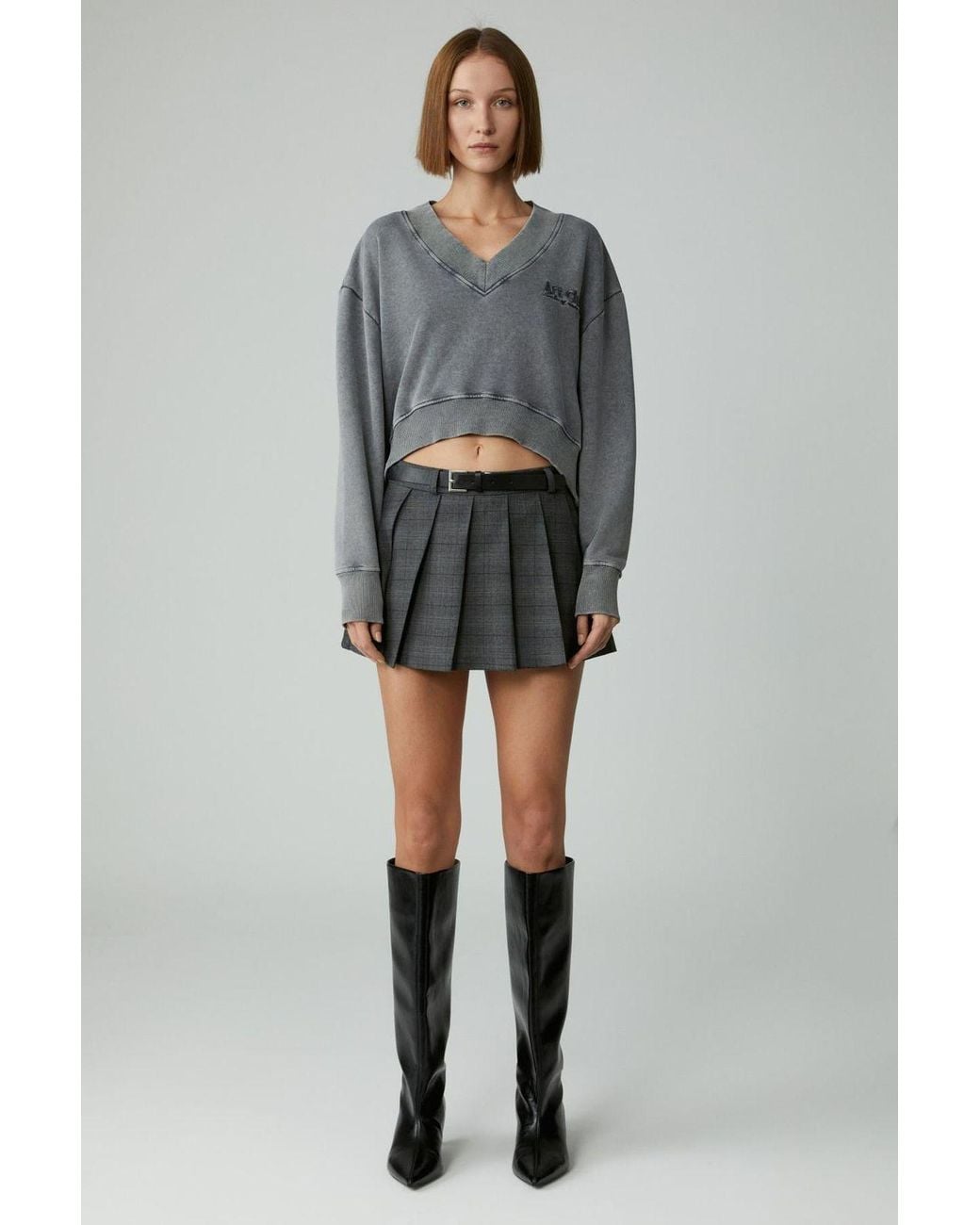 Grimelange Gray Oversized V-Neck Crop Sweatshirt