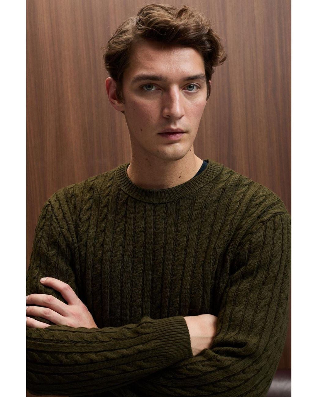 Grimelange Brown Cable Knit Crew Neck Jumper for men