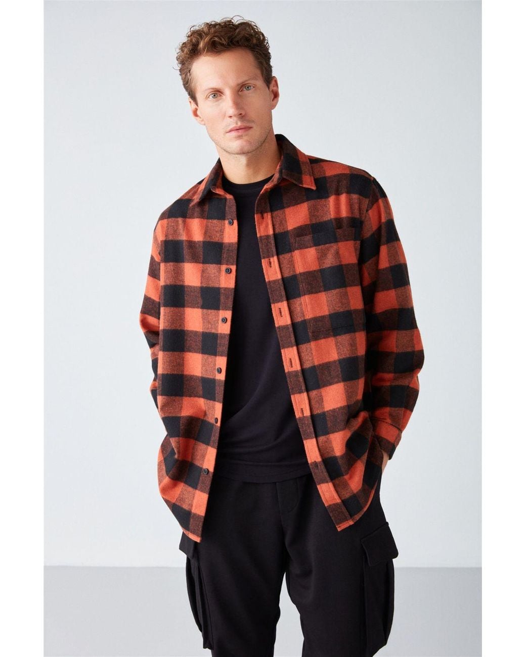 Grimelange Red Oversized Plaid Button Shirt for men