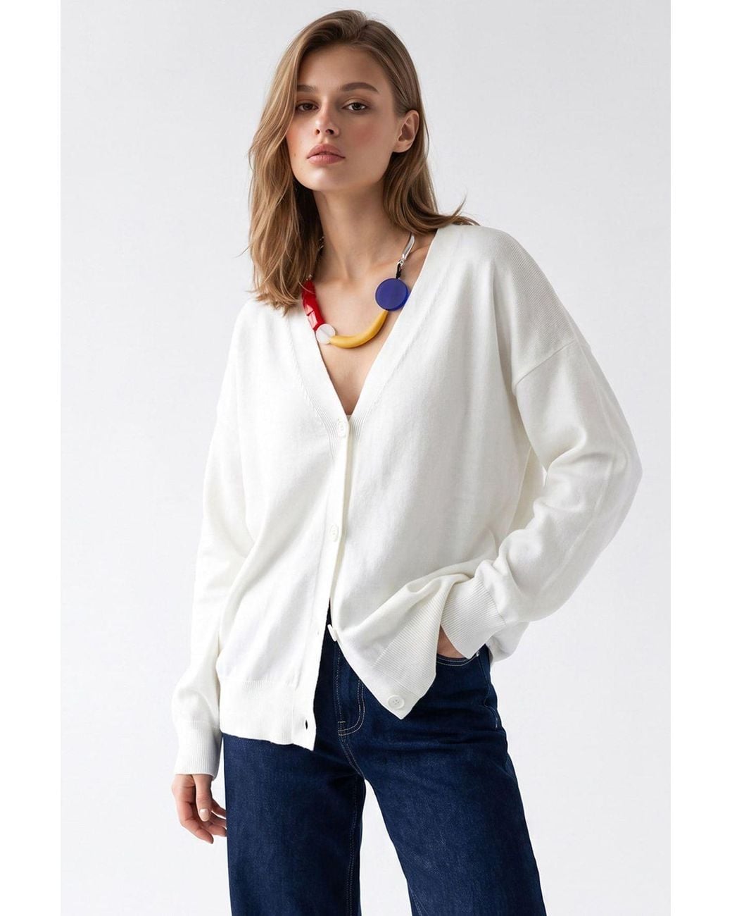 MixRay White Long Ribbed Knitwear Cardigan With V-Neck And Button Closure