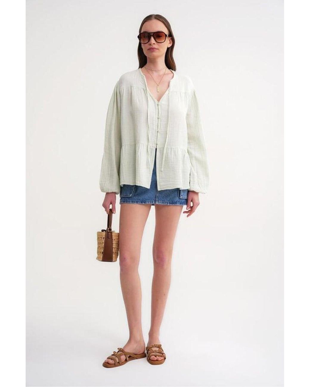 MixRay Multicolor Long Sleeve Relaxed Fit Blouse With Tie-Neck