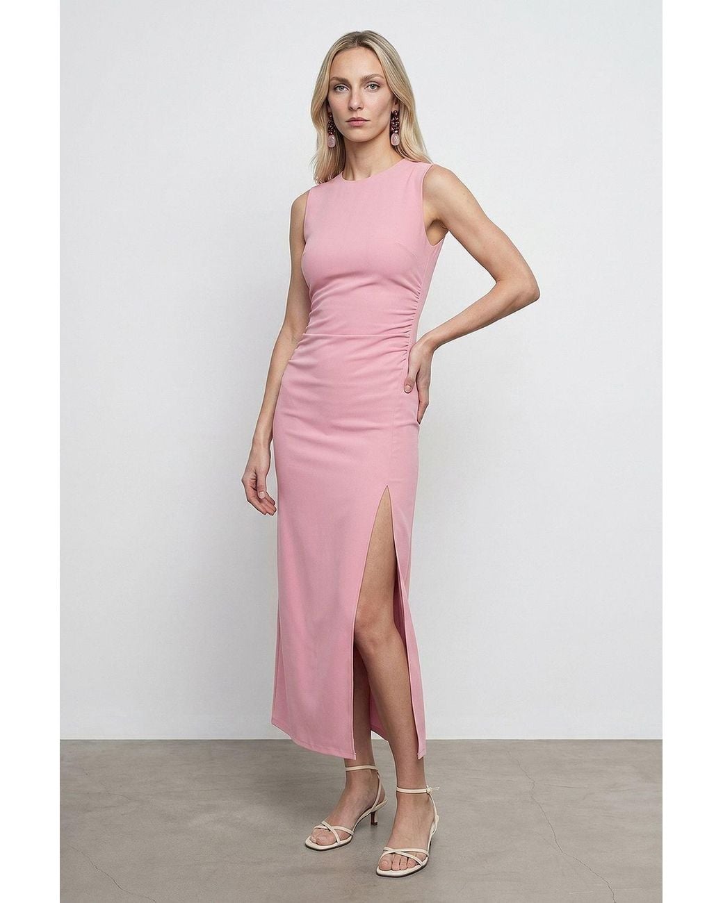 Dilvin Pink Fitted Sleeveless Midi Dress With Slit