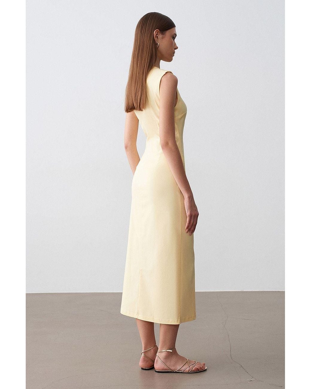 Dilvin Natural Fitted Sleeveless Midi Dress With Slit