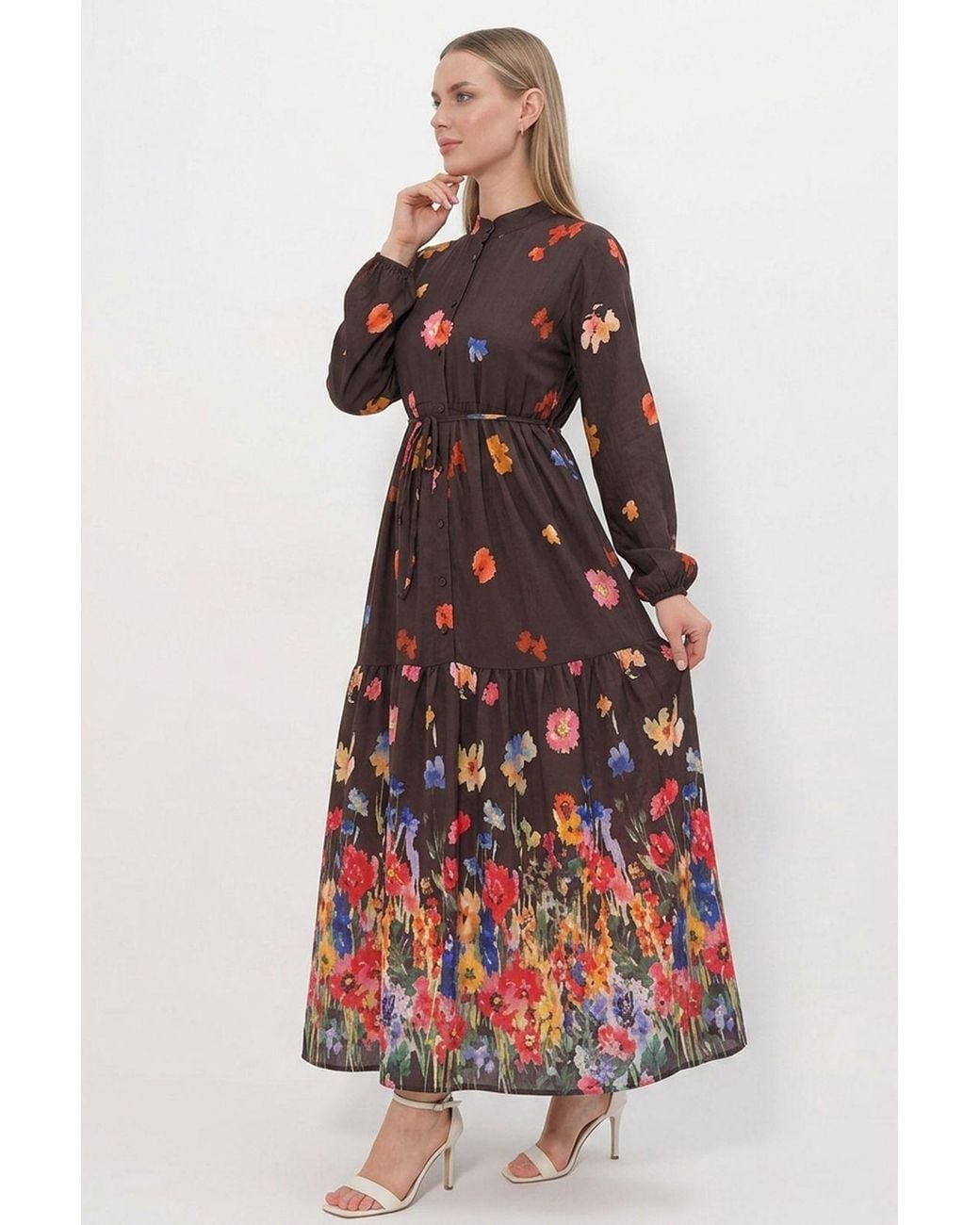 Bigdart Multicolor Buttoned Crew Neck Maxi Dress With Waistband