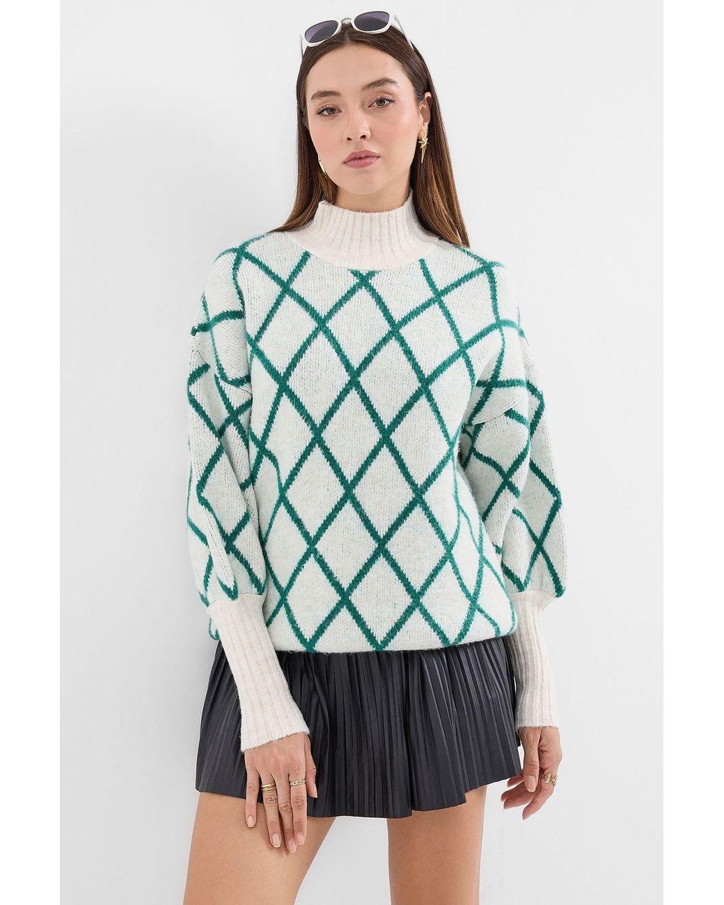 Bigdart Blue Oversized Geometric Pattern Turtleneck Sweater