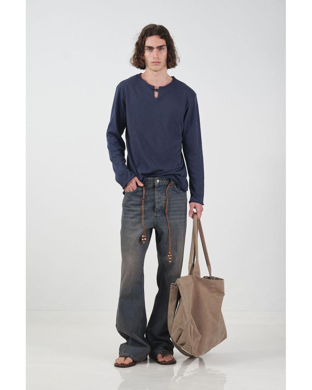 Giesto Blue Cotton Long-Sleeve Crew Neck T-Shirt for men