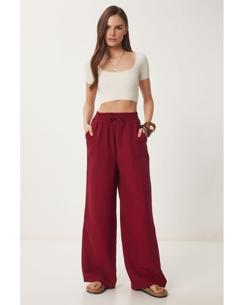 Happiness İstanbul Red Wide Leg Drawstring Waist Pants With Binding Detail