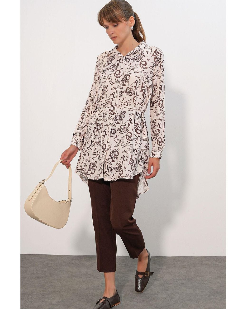 Bigdart Multicolor Floral Viscose Crepe Belted Long Shirt