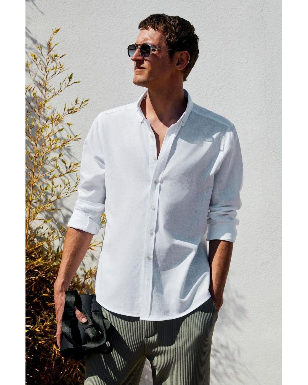 Grimelange Gray Slim Fit Button Collar Shirt for men