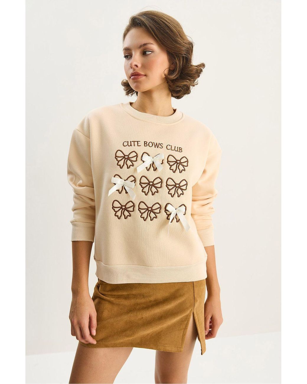Bianco Lucci Natural Ribbed Printed Crew Neck Long Sleeve Sweatshirt