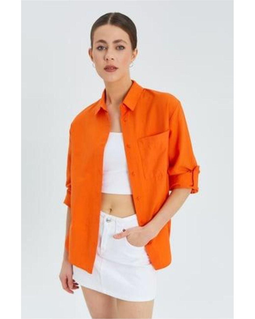 MixRay Orange Long Sleeve Button-Up Shirt With Pocket