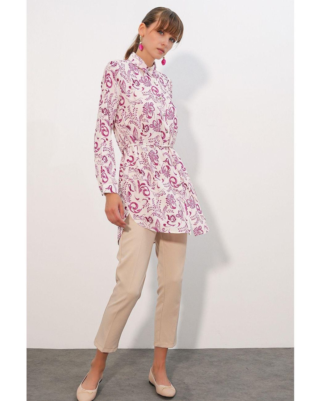 Bigdart Pink Floral Viscose Crepe Belted Long Shirt