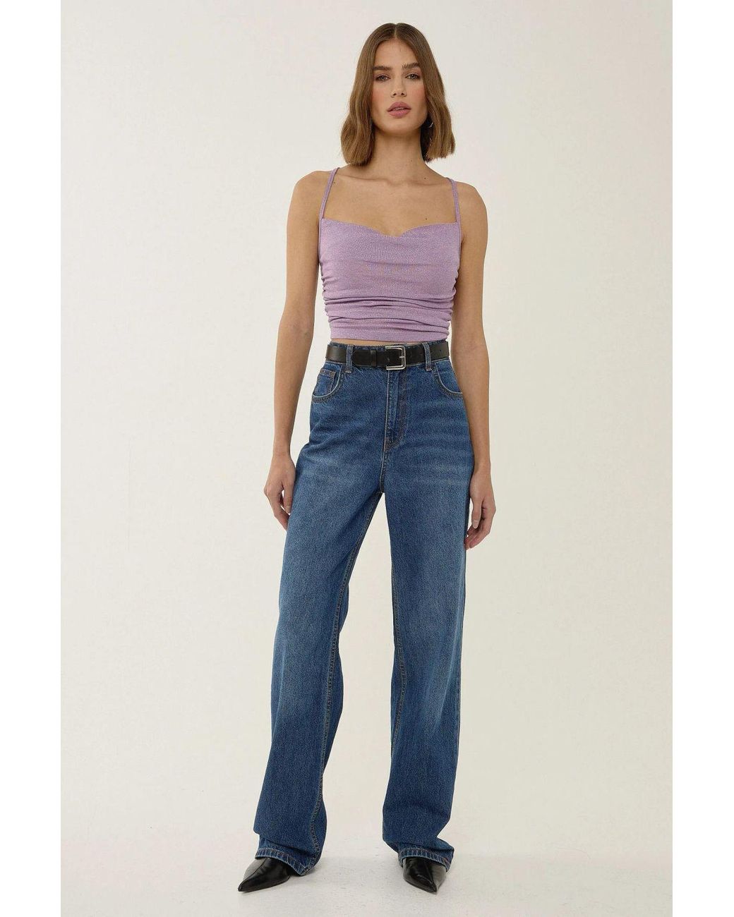 Hiccup Purple Asymmetrical Neck Glitter Knitted Crop Tank Top
