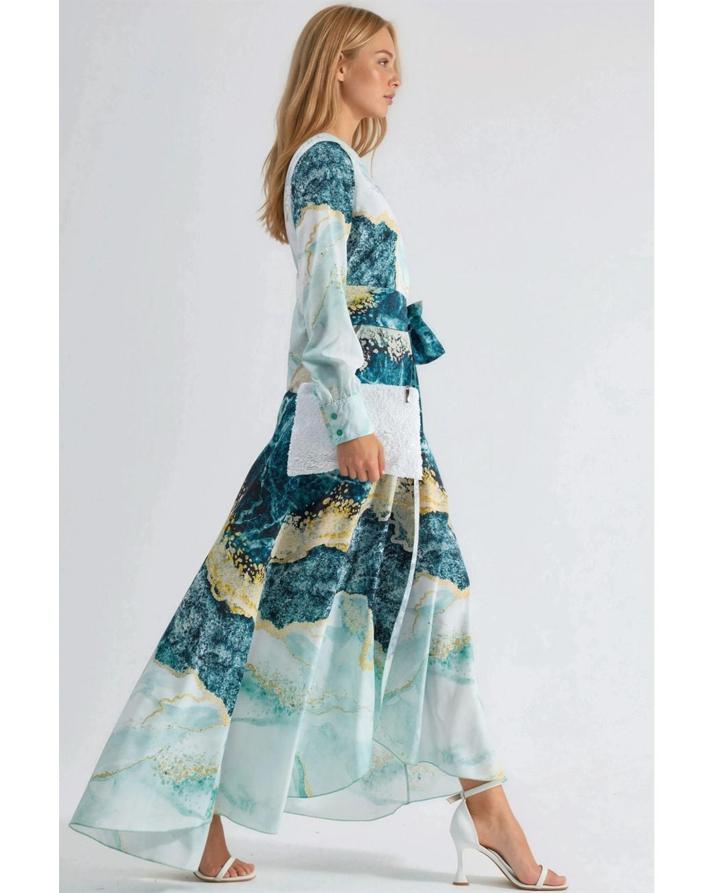 Msn-Collection Blue Abstract Print Long Sleeve Maxi Dress With Tie Detail