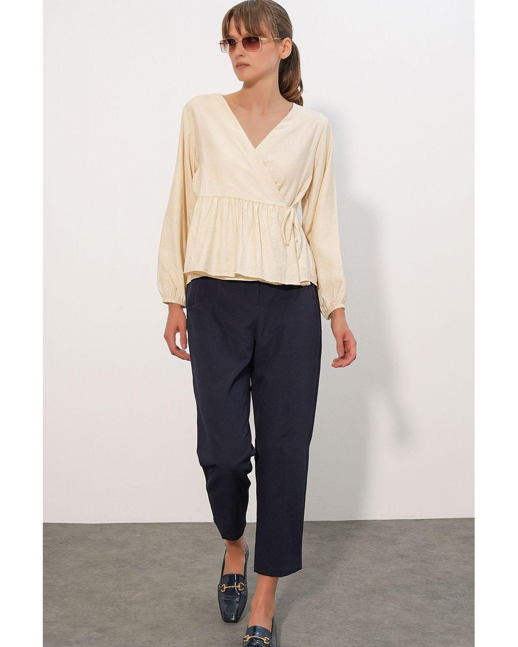 Bigdart Natural V-Neck Tie Detail Crepe Wrap Blouse