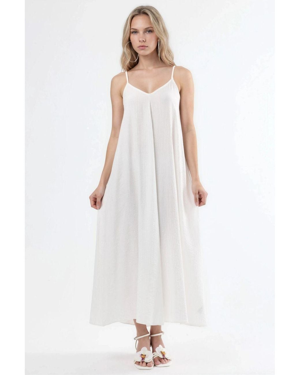Busem White V-Neck Midi Slip Dress