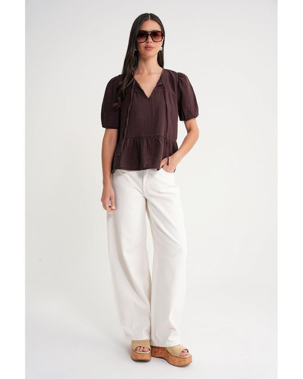 MixRay Purple Textured Muslin Crew Neck Blouse With Binding Detail
