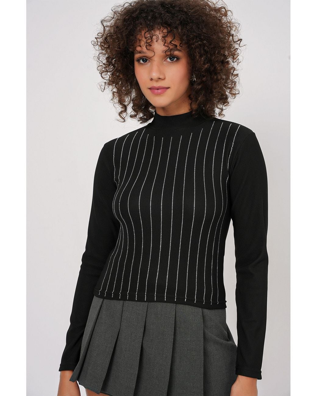 Bigdart Black Striped Half Turtleneck Long Sleeve Top With Stone Detail