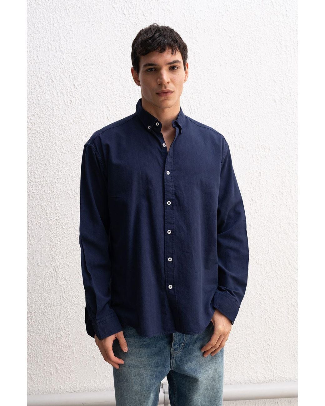 Giesto Blue Cotton Oversized Button-Up Shirt for men
