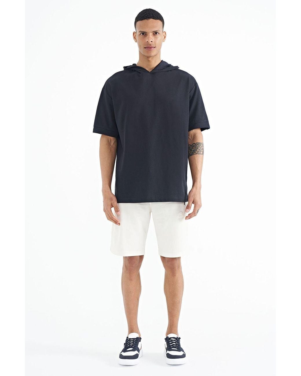 TOMMY LIFE Blue Oversized Hooded Short-Sleeve T-Shirt for men