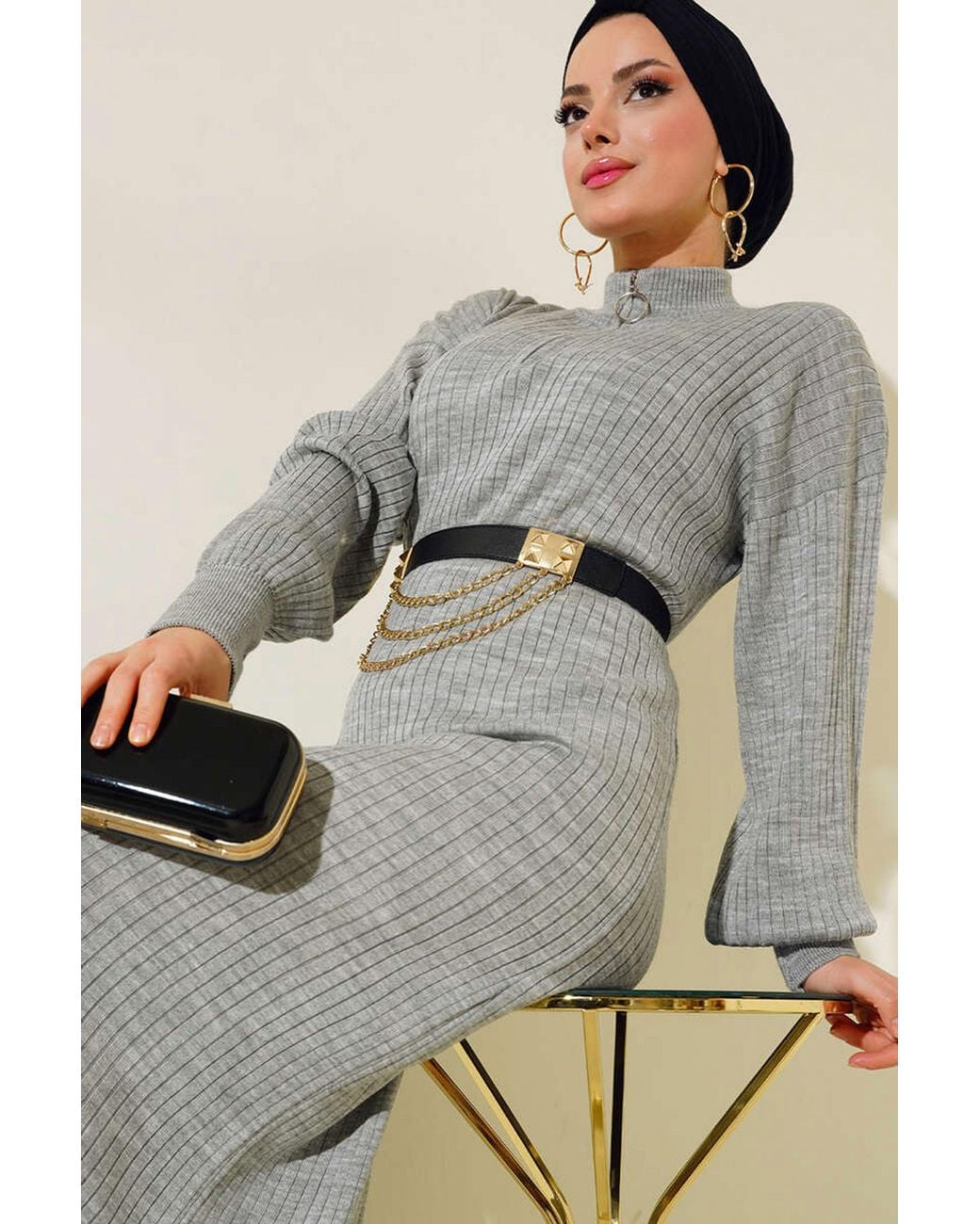 Bigdart Gray Maxi Turtleneck Ribbed Knit Dress