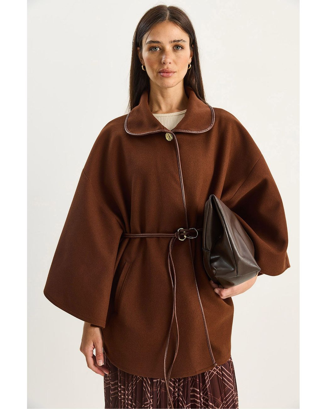Bianco Lucci Brown Oversized Textured Wool Blend Overcoat With Jacket Collar