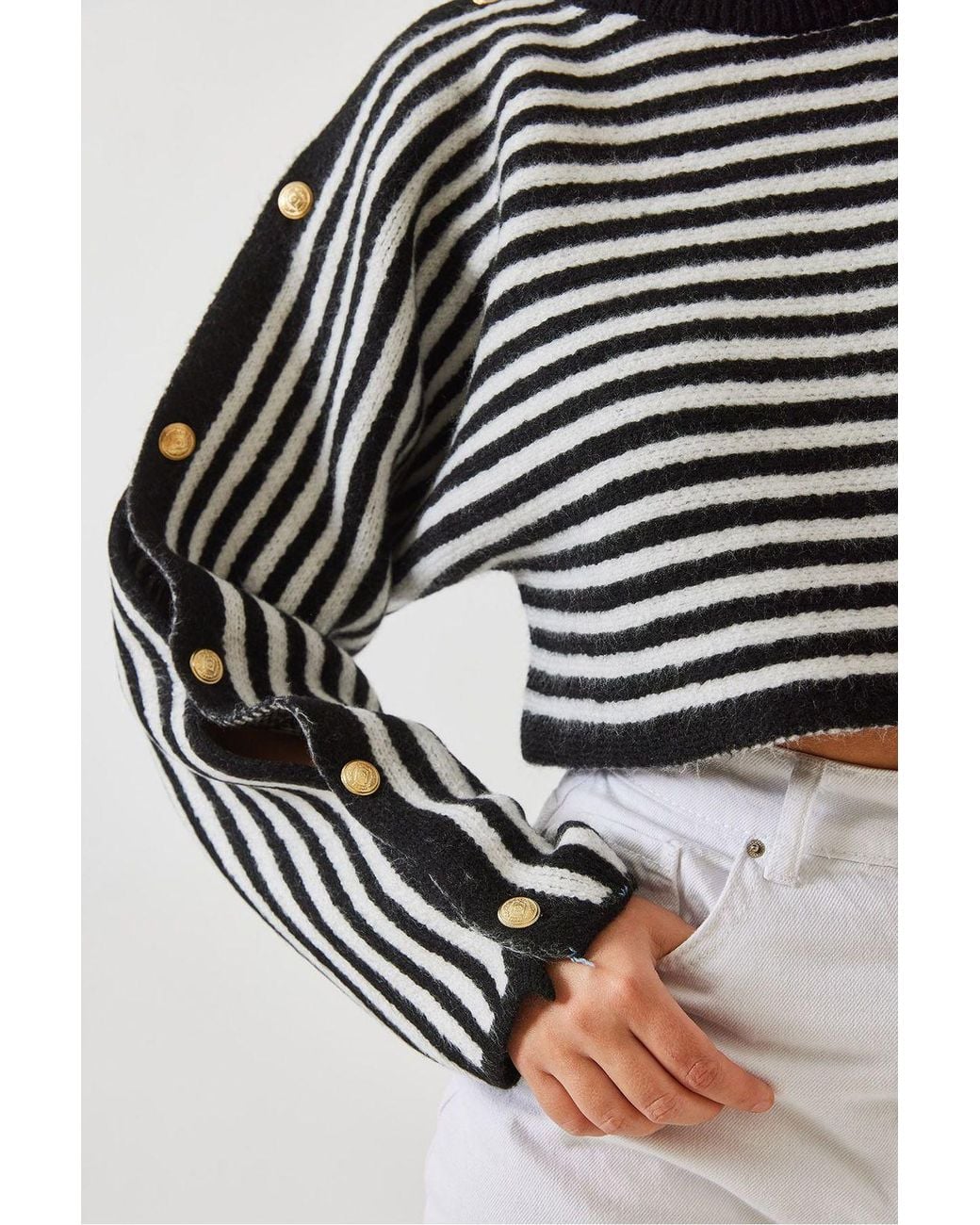 Bianco Lucci Black Striped Crop Sweater With Button Detail