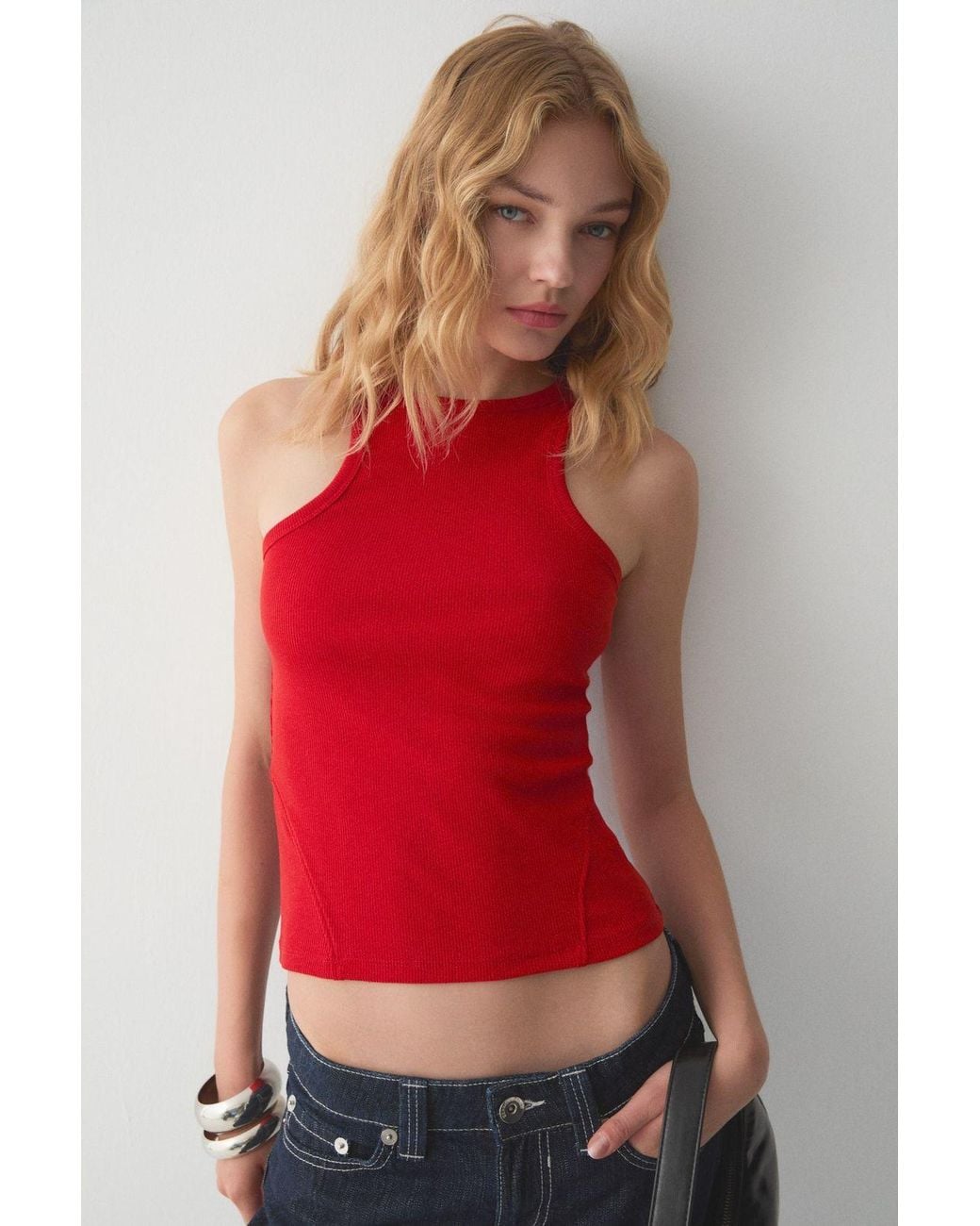 Grimelange Red Ribbed Halterneck Crop Tank Top