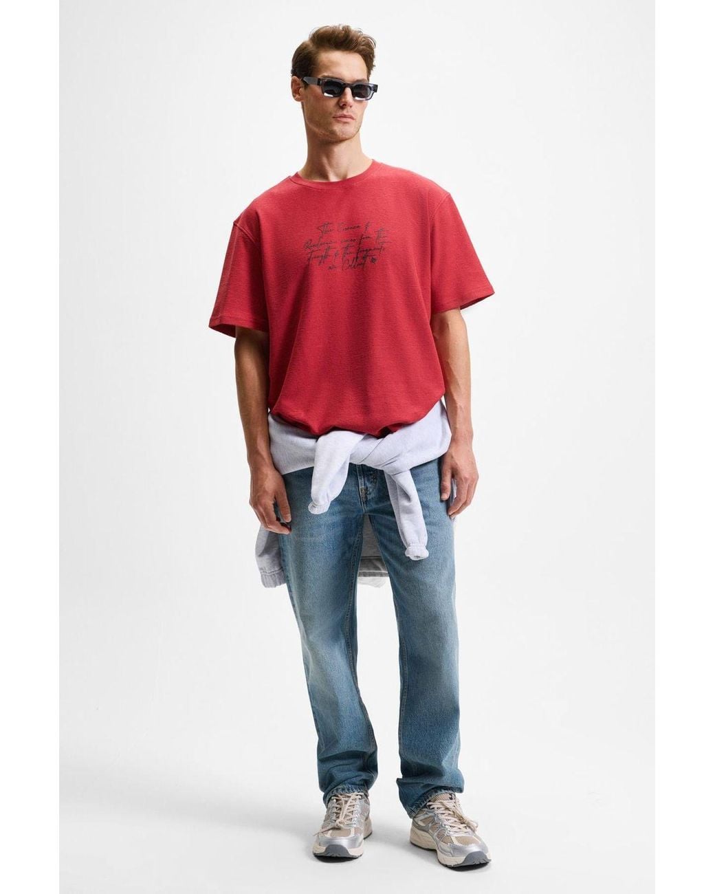 Grimelange Red Oversized Printed Crew Neck T-Shirt for men