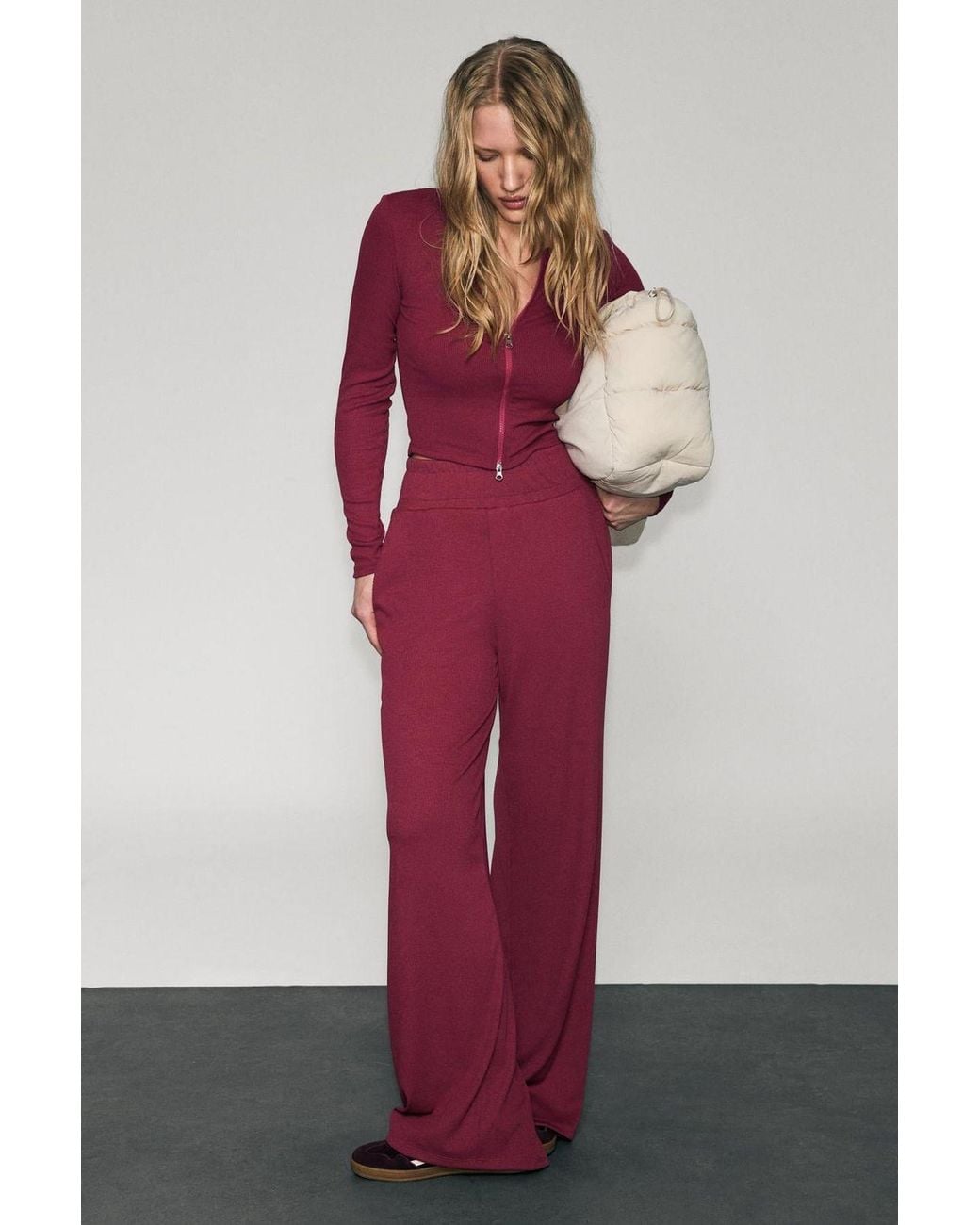 Grimelange Red Wide Leg Elastic Waist Joggers