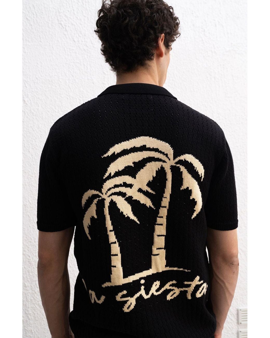 Giesto Black Cotton Polo Shirt With Text Print for men