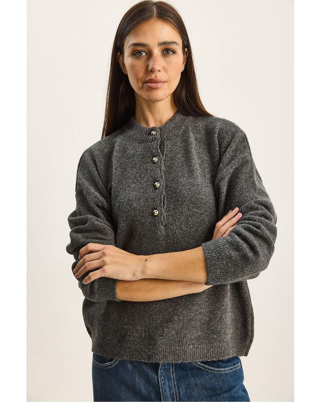 Bianco Lucci Gray Button Collar Knit Sweater