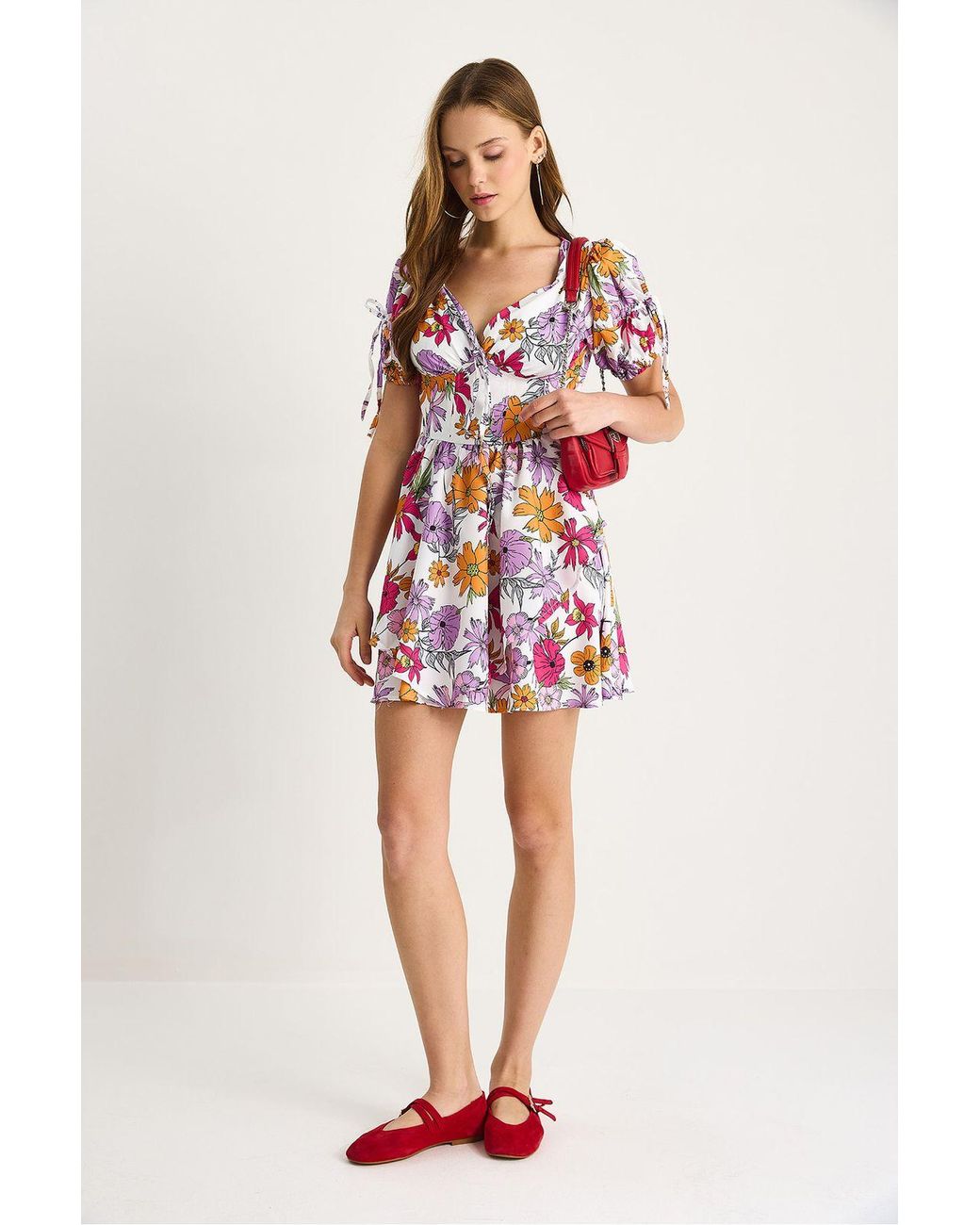 Bianco Lucci Red Printed V-Neck Cut Out Midi Dress