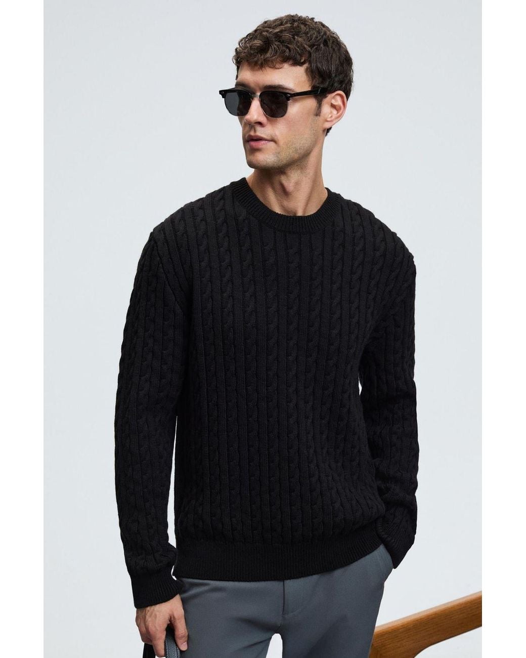 Grimelange Black Cable Knit Crew Neck Jumper for men