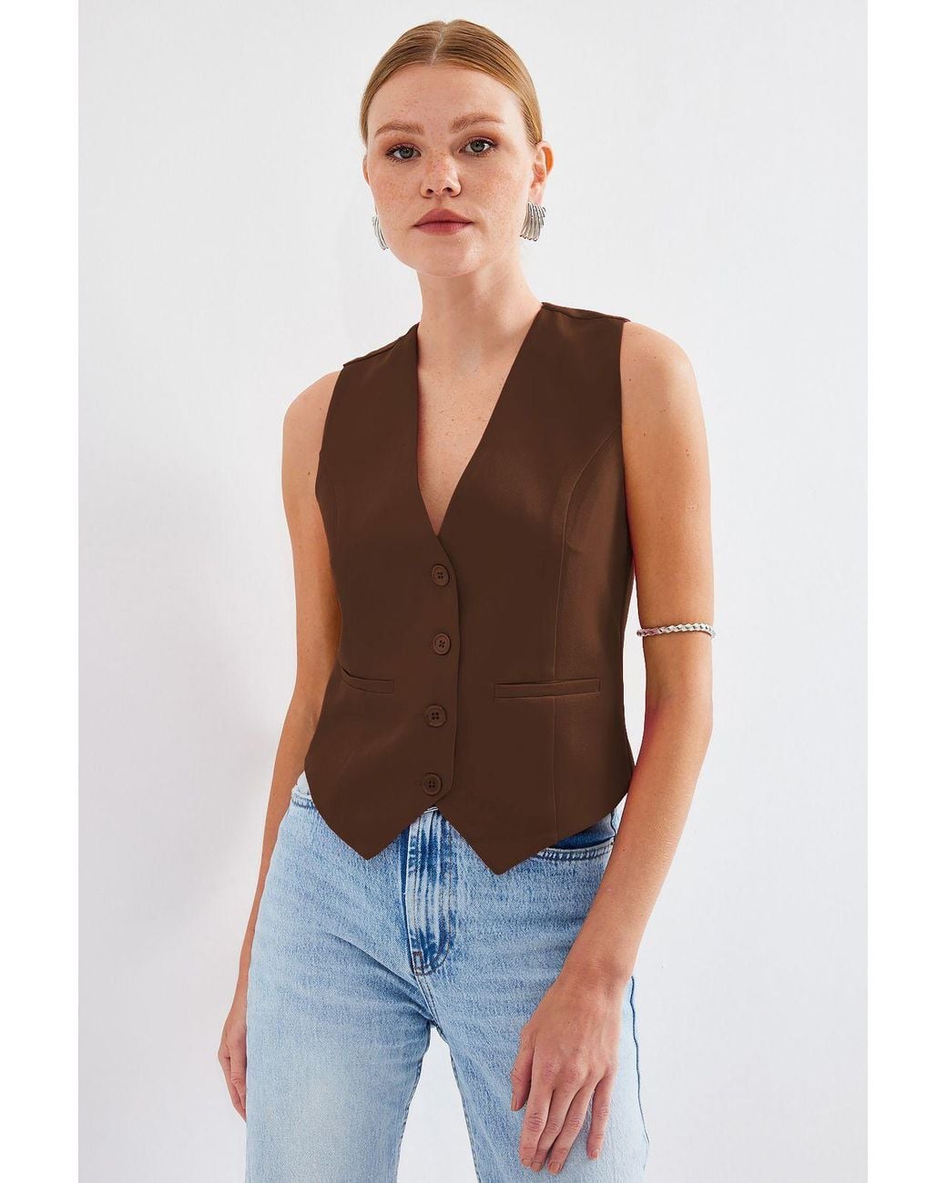 Bigdart Brown Fitted Buttoned V-Neck Waistcoat With Welt Pocket