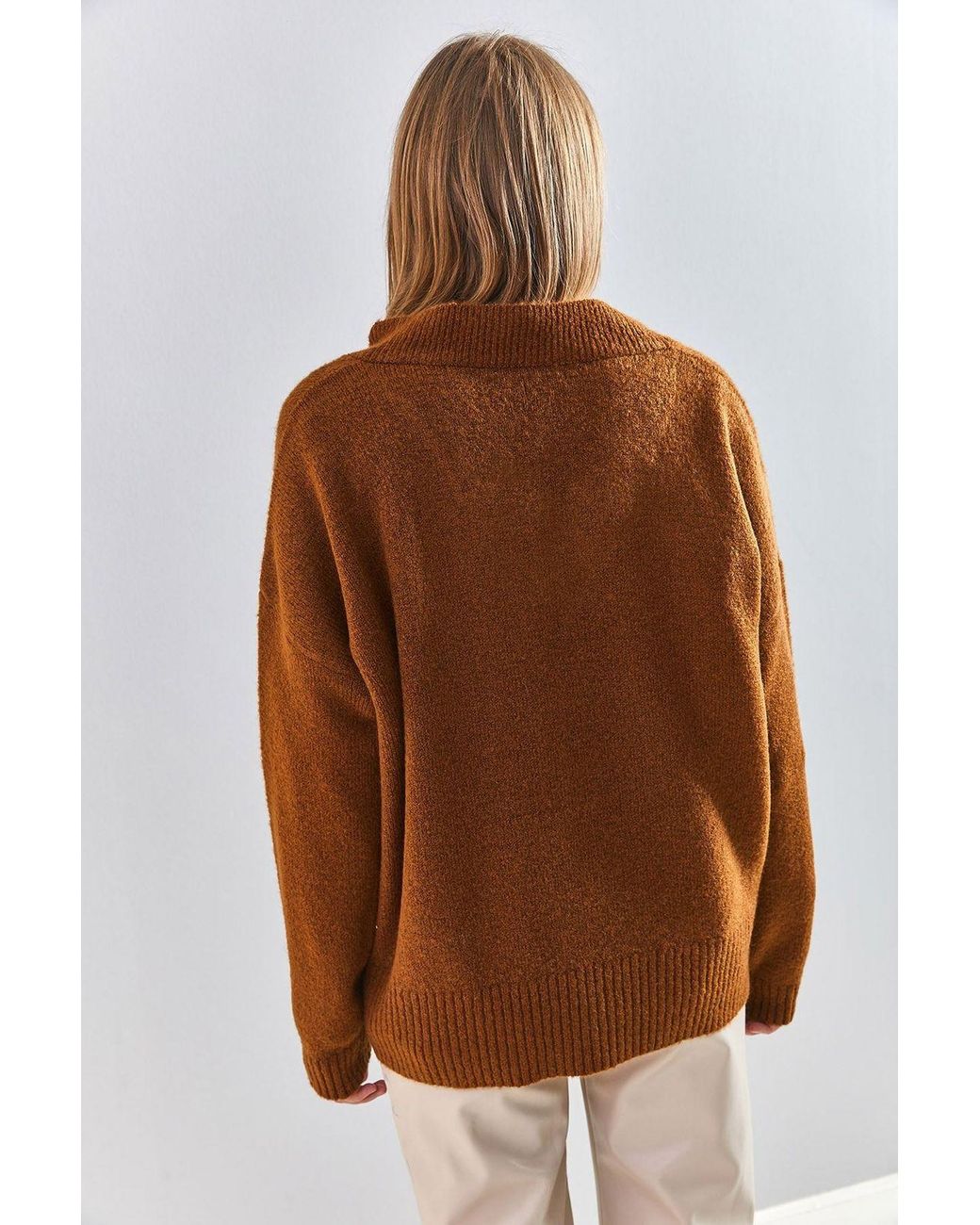 Bianco Lucci Brown V-Neck Long Sleeve Sweater
