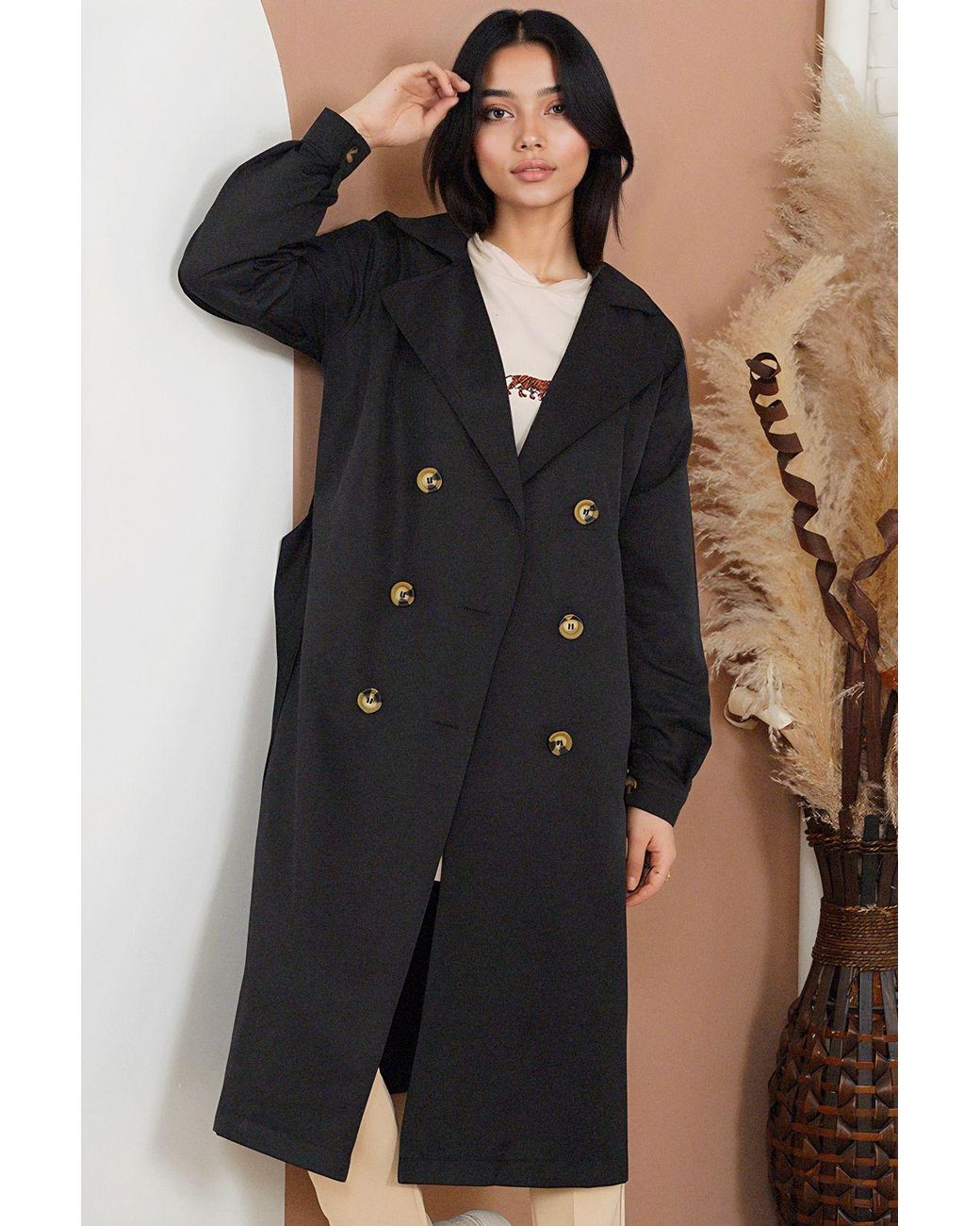 Bigdart Black Double Breasted Long Trench Coat