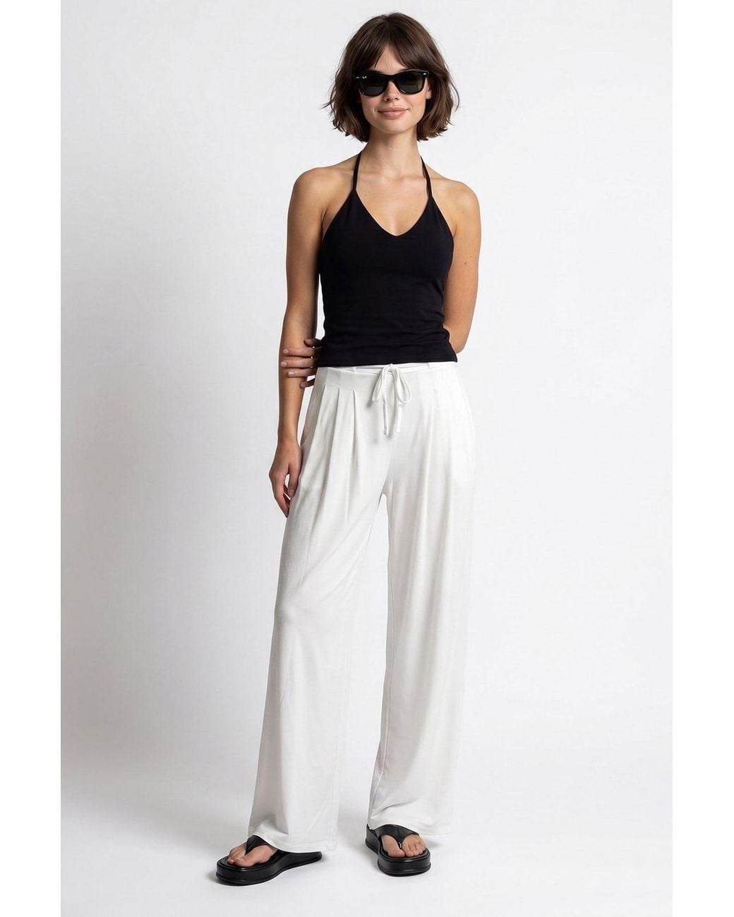 MixRay White High-Waist Wide-Leg Jersey Trousers