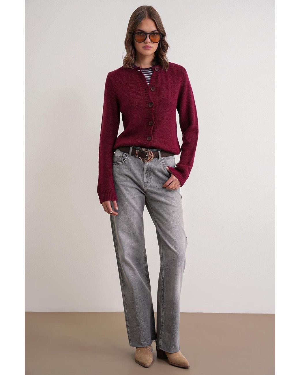 MixRay Red Ribbed Knit Button Cardigan