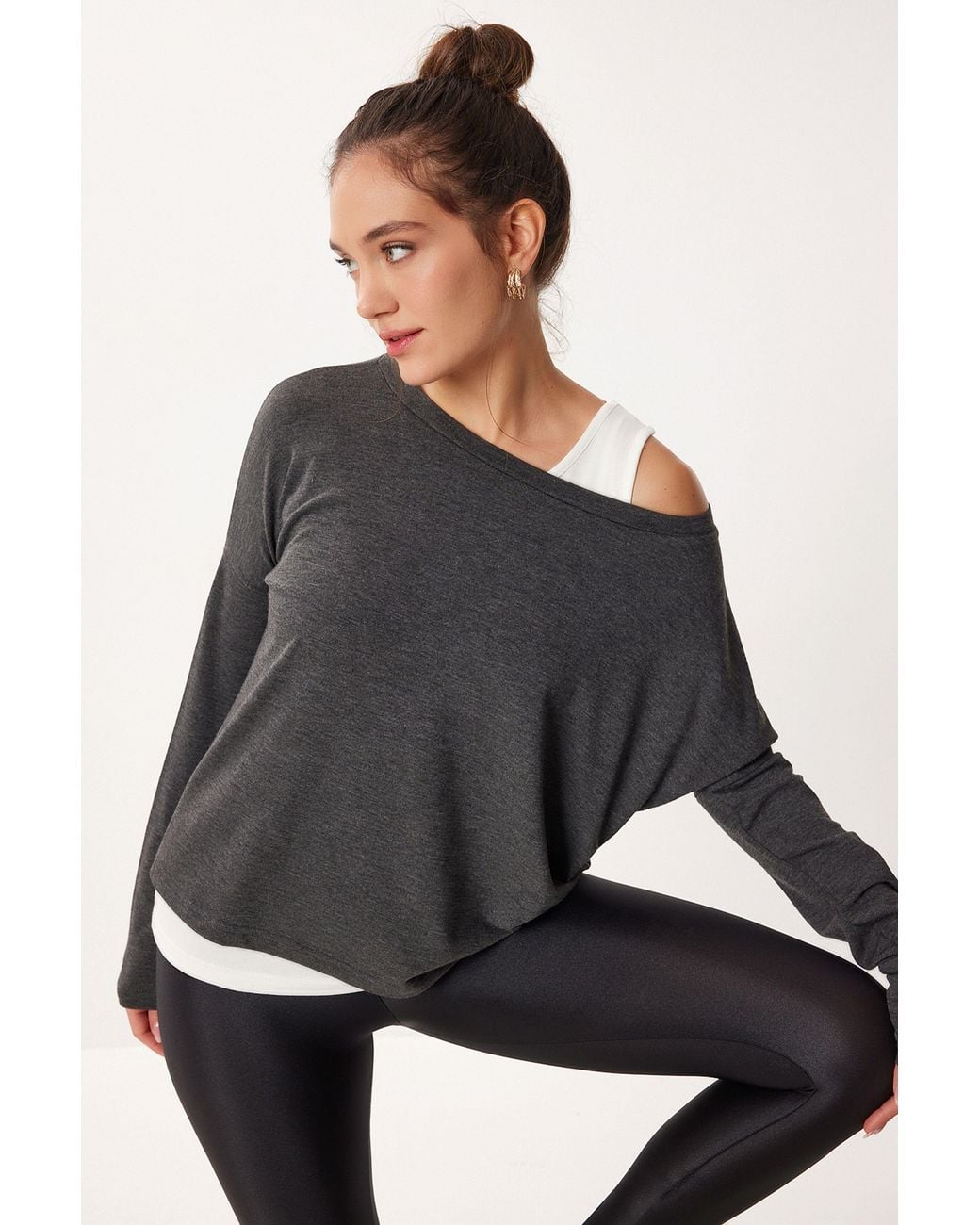 Happiness İstanbul Black Boat Neck Long Sleeve Blouse