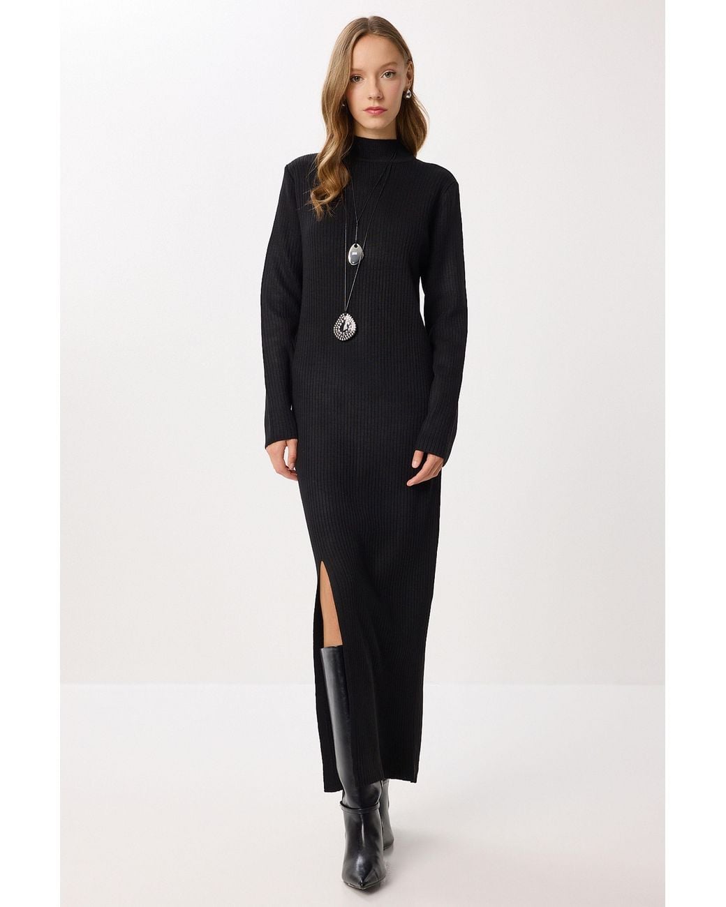 Happiness İstanbul Black Textured Bodycon Knit Dress With Slit