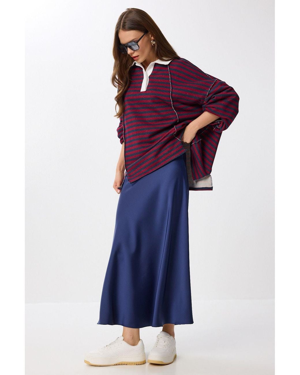 Happiness İstanbul Blue High Waist Satin Maxi Skirt