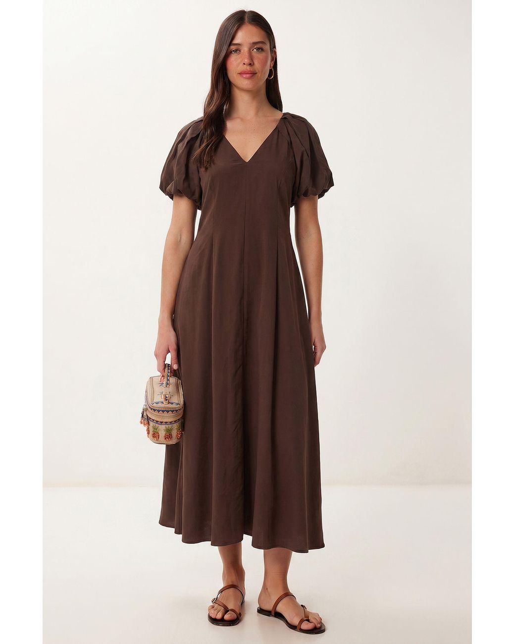 Happiness İstanbul Brown A-Line Midi Dress With V-Neck