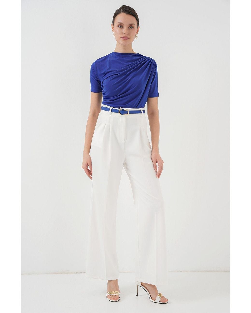 Bigdart Blue Fitted Ruffle Detail Blouse With Crew Neck