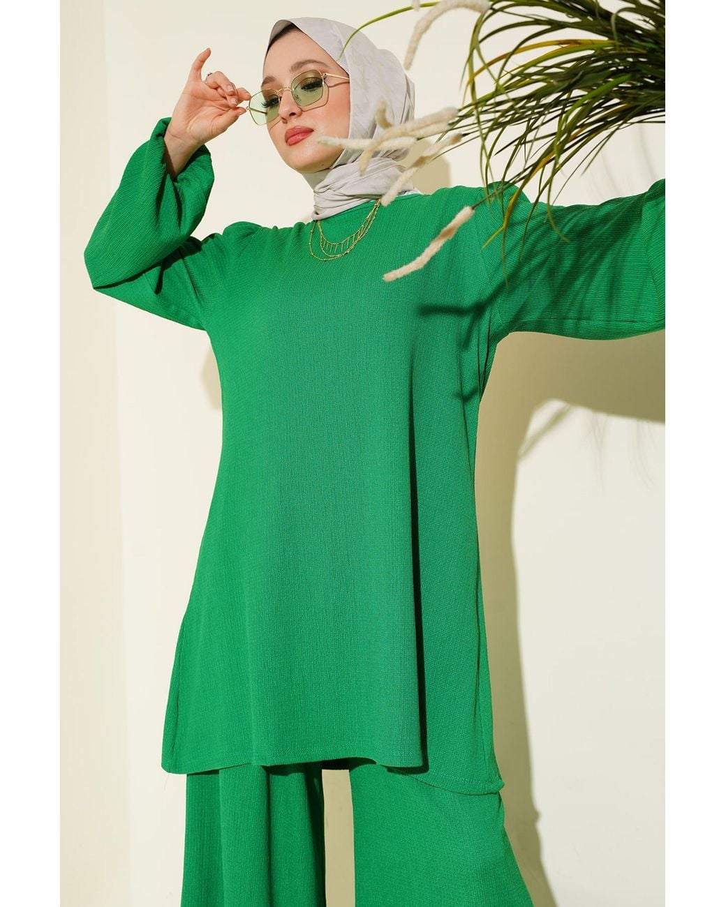Bigdart Green Textured Long Sleeve Tunic And Wide Leg Pants Set